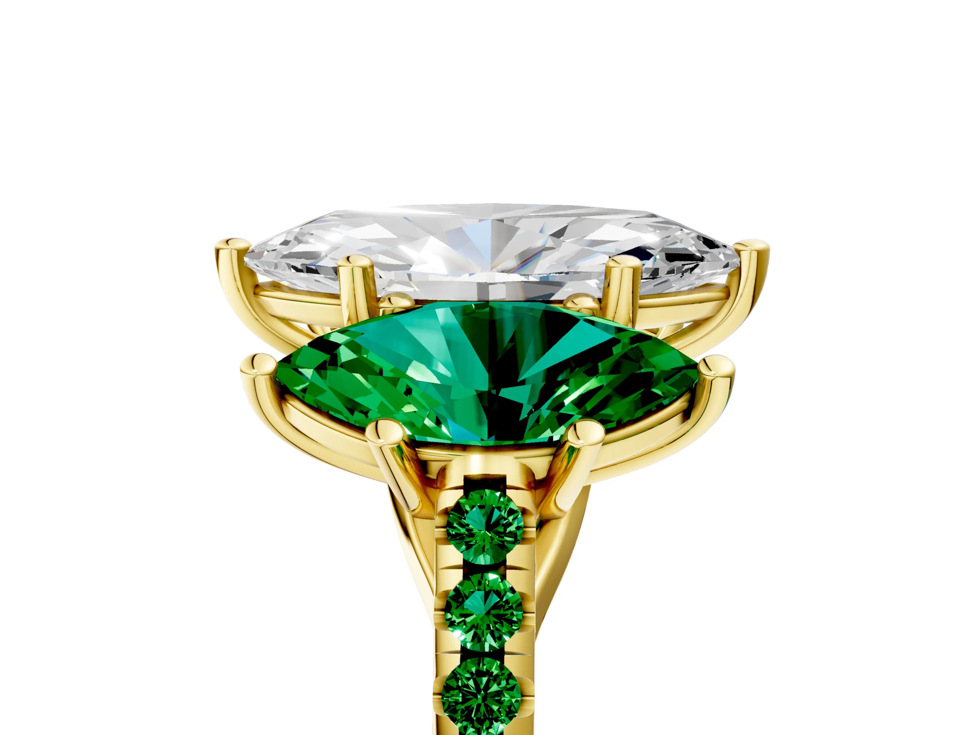 Yellow gold Three-Stone Marquise Cut Diamond Ring with Round with Emerald side stone Pavé Band and Prong Setting_5