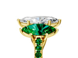 Yellow gold Three-Stone Marquise Cut Diamond Ring with Round with Emerald side stone Pavé Band and Prong Setting_5