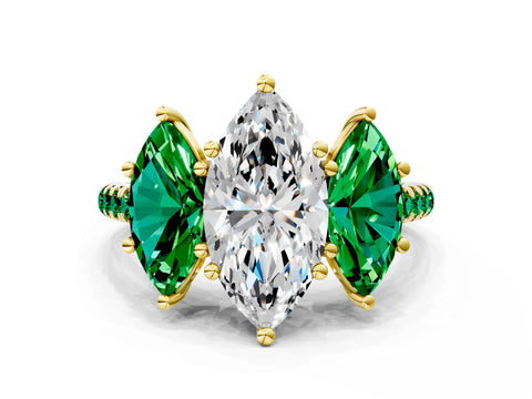 Yellow gold Three-Stone Marquise Cut Diamond Ring with Round with Emerald side stone Pavé Band and Prong Setting
