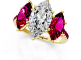 Yellow gold Three-Stone Marquise Cut Diamond Ring with Round with Garnet side stone Pavé Band and Prong Setting_1