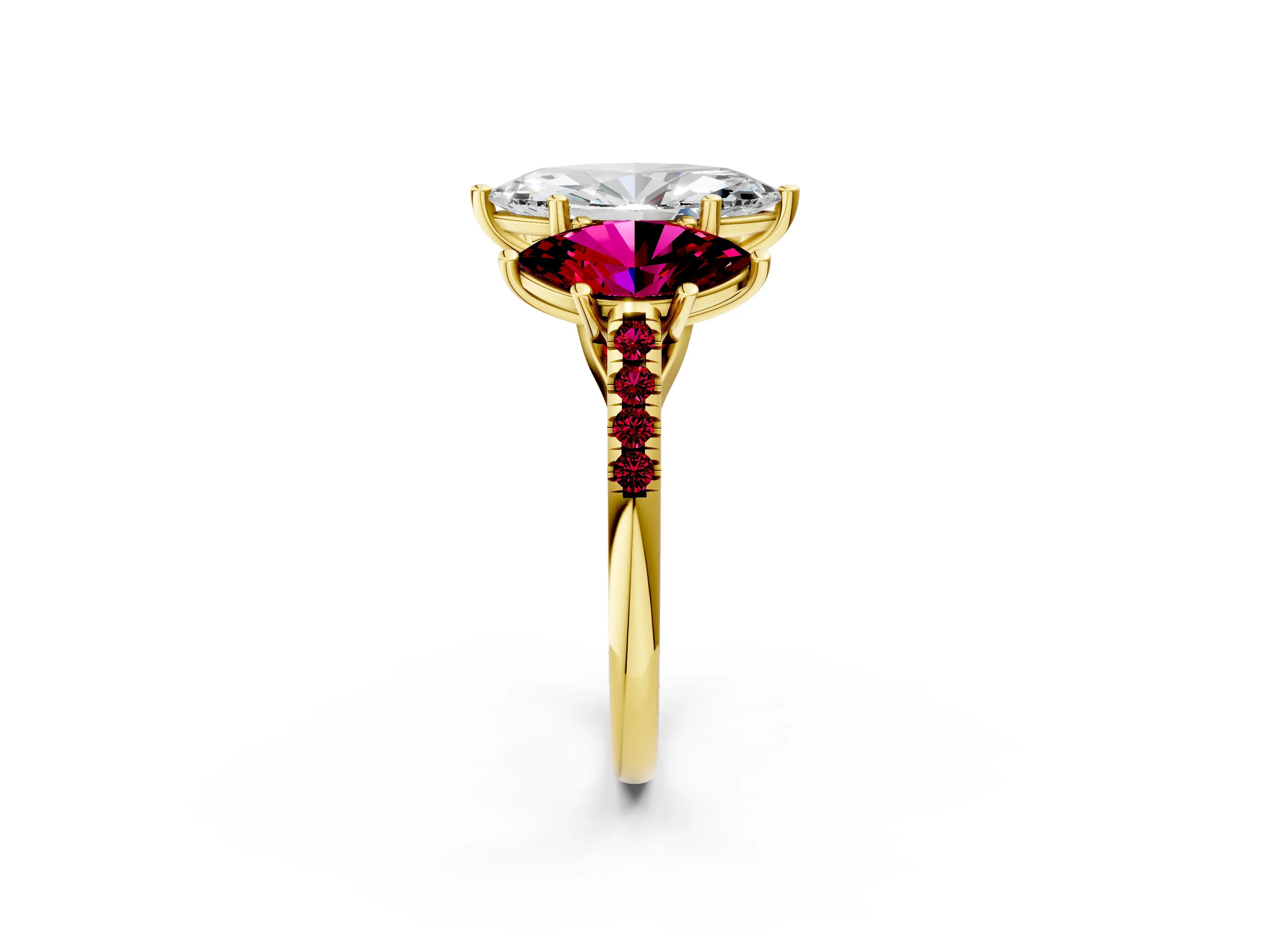 Yellow gold Three-Stone Marquise Cut Diamond Ring with Round with Garnet side stone Pavé Band and Prong Setting_2