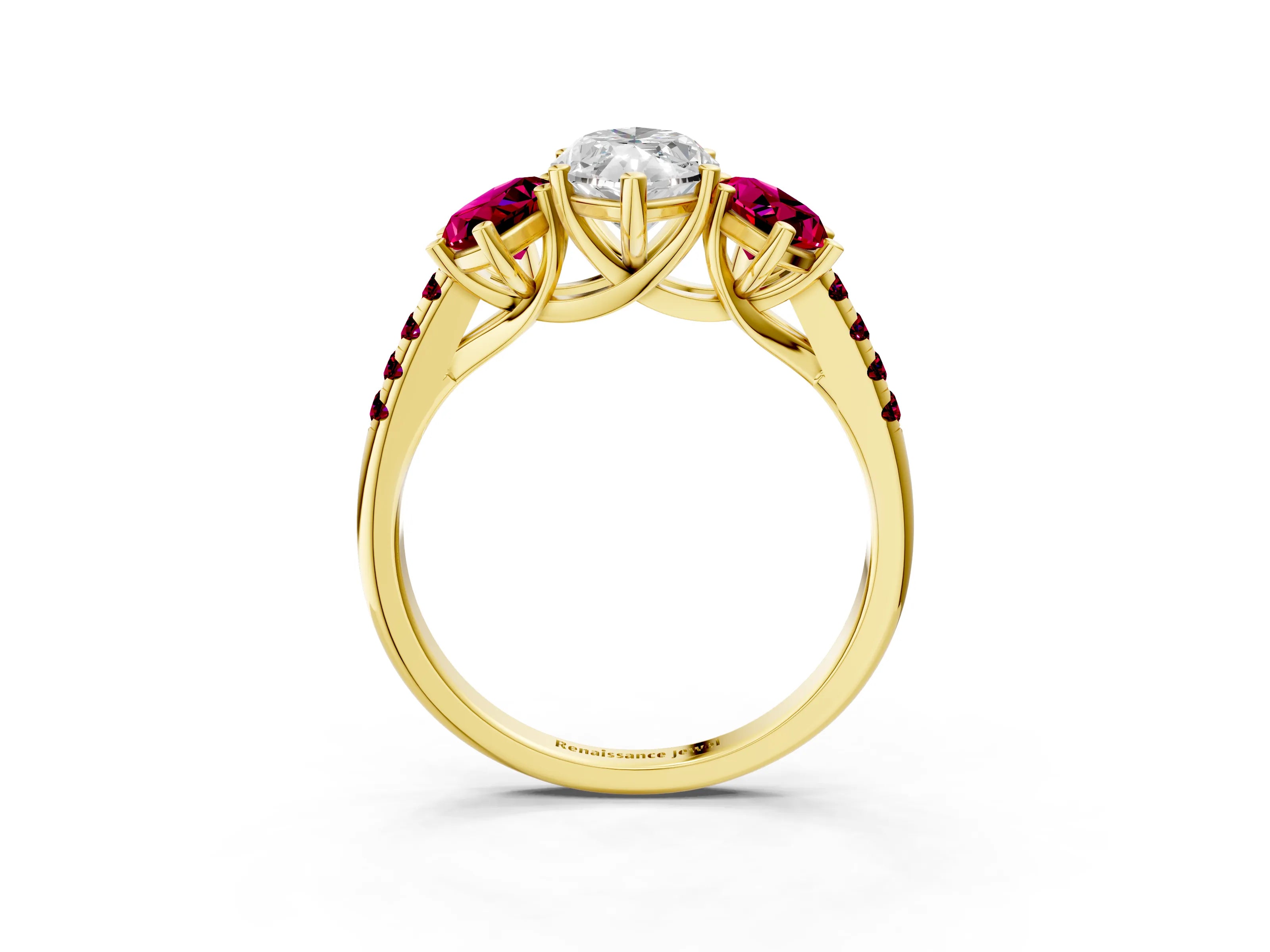 Yellow gold Three-Stone Marquise Cut Diamond Ring with Round with Garnet side stone Pavé Band and Prong Setting_3