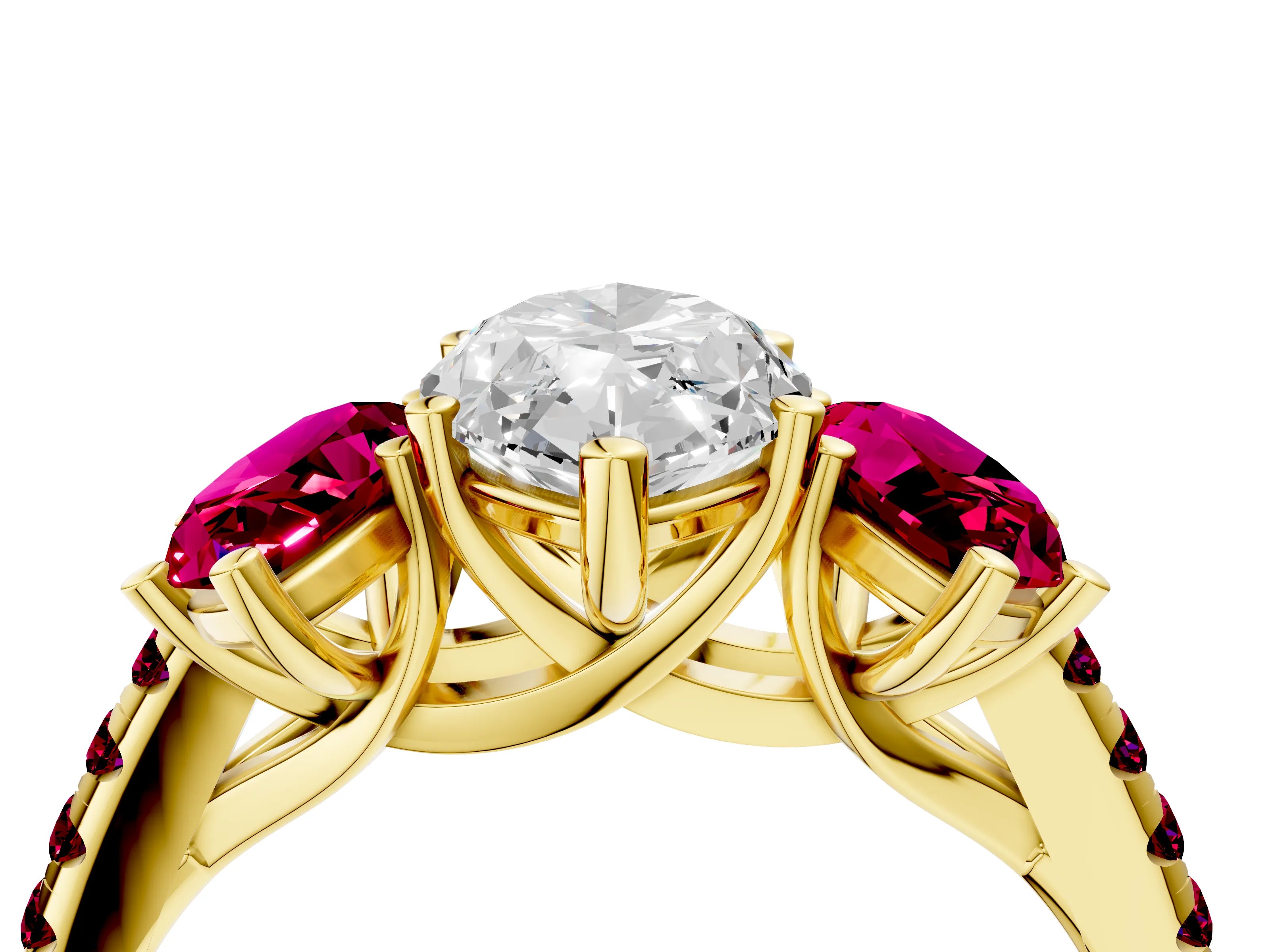 Yellow gold Three-Stone Marquise Cut Diamond Ring with Round with Garnet side stone Pavé Band and Prong Setting_4