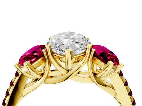 Yellow gold Three-Stone Marquise Cut Diamond Ring with Round with Garnet side stone Pavé Band and Prong Setting_4