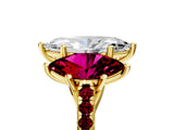 Yellow gold Three-Stone Marquise Cut Diamond Ring with Round with Garnet side stone Pavé Band and Prong Setting_5