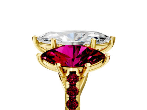 Yellow gold Three-Stone Marquise Cut Diamond Ring with Round with Garnet side stone Pavé Band and Prong Setting_5
