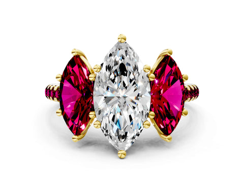 Yellow gold Three-Stone Marquise Cut Diamond Ring with Round with Garnet side stone Pavé Band and Prong Setting