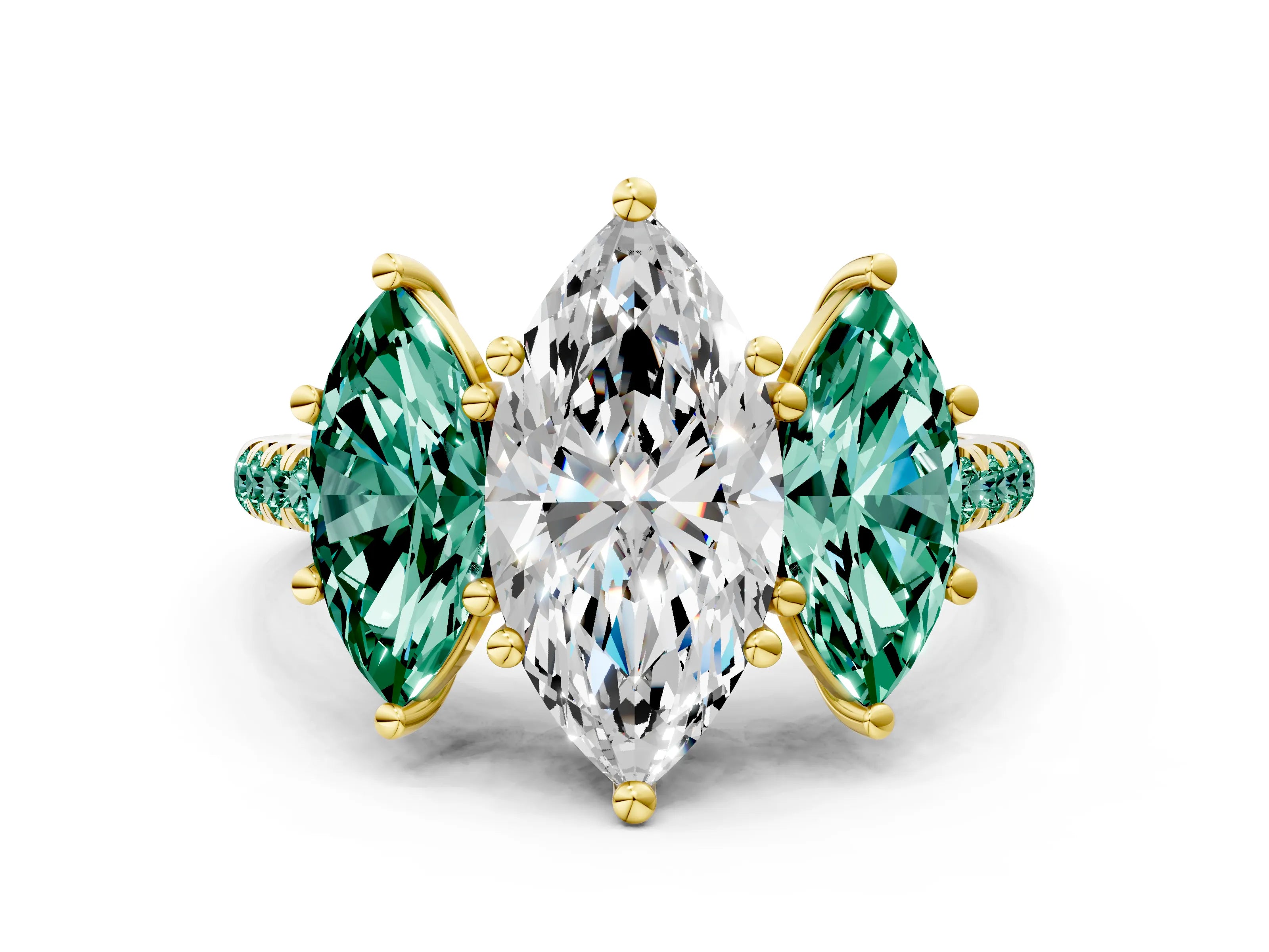 Yellow gold Three-Stone Marquise Cut Diamond Ring with Round with Green Sapphire side stone Pavé Band and Prong Setting