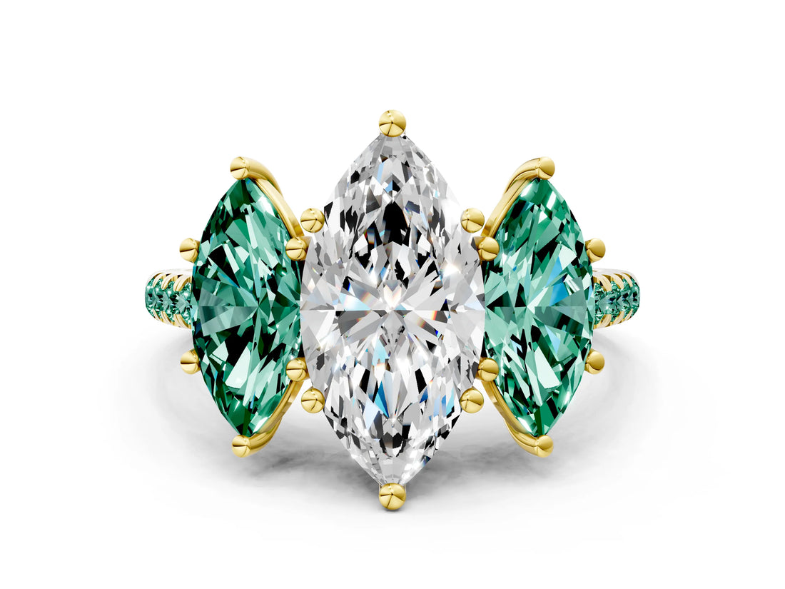 Yellow gold Three-Stone Marquise Cut Diamond Ring with Round with Green Sapphire side stone Pavé Band and Prong Setting