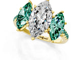 Yellow gold Three-Stone Marquise Cut Diamond Ring with Round with Green Sapphire side stone Pavé Band and Prong Setting_1