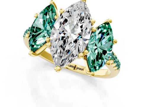 Yellow gold Three-Stone Marquise Cut Diamond Ring with Round with Green Sapphire side stone Pavé Band and Prong Setting_1