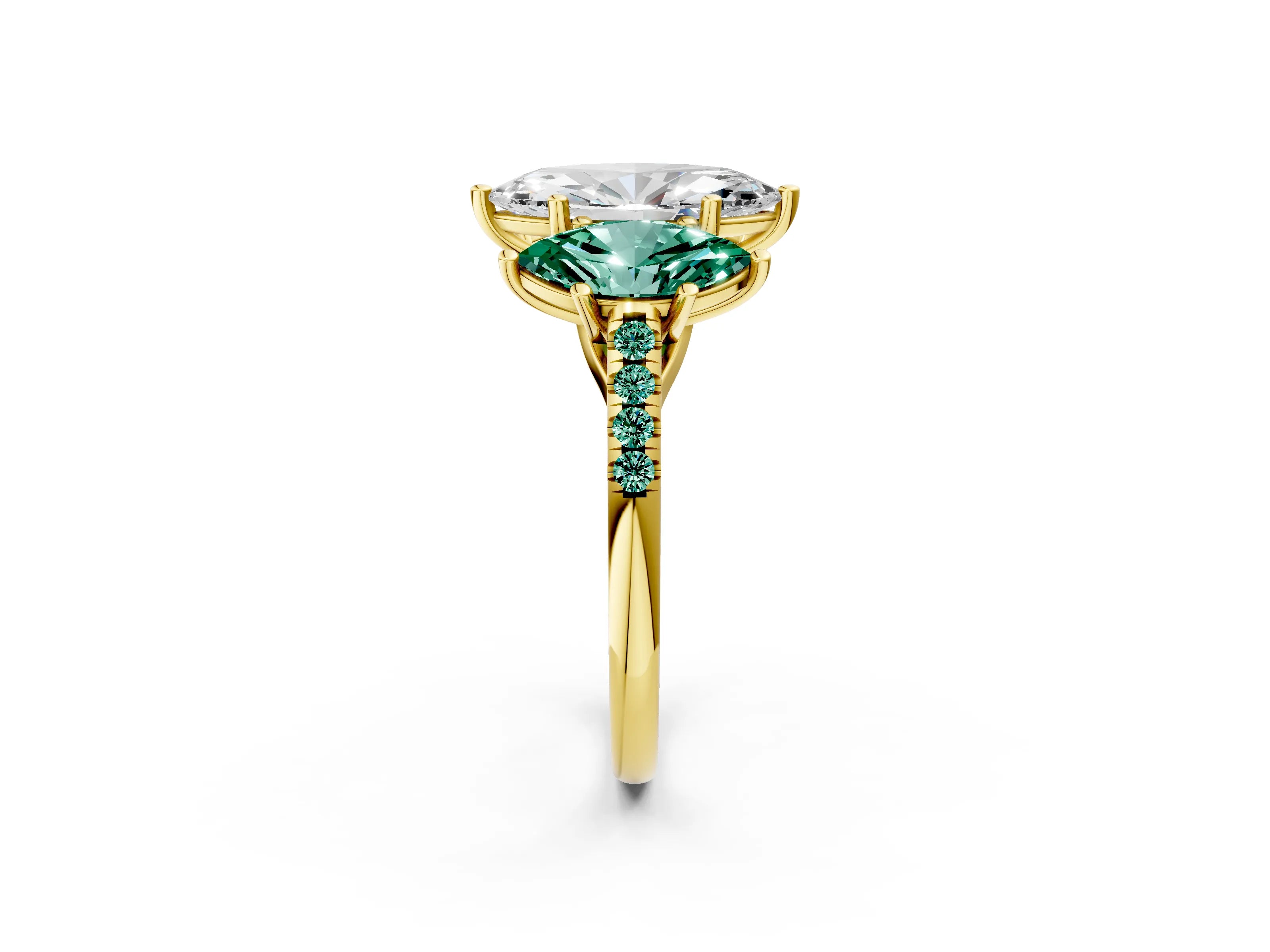 Yellow gold Three-Stone Marquise Cut Diamond Ring with Round with Green Sapphire side stone Pavé Band and Prong Setting_2