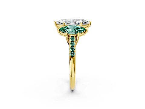 Yellow gold Three-Stone Marquise Cut Diamond Ring with Round with Green Sapphire side stone Pavé Band and Prong Setting_2