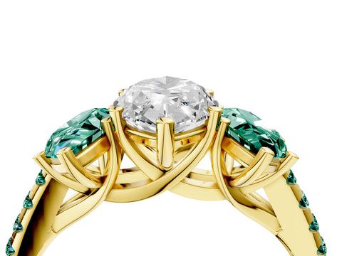Yellow gold Three-Stone Marquise Cut Diamond Ring with Round with Green Sapphire side stone Pavé Band and Prong Setting_4
