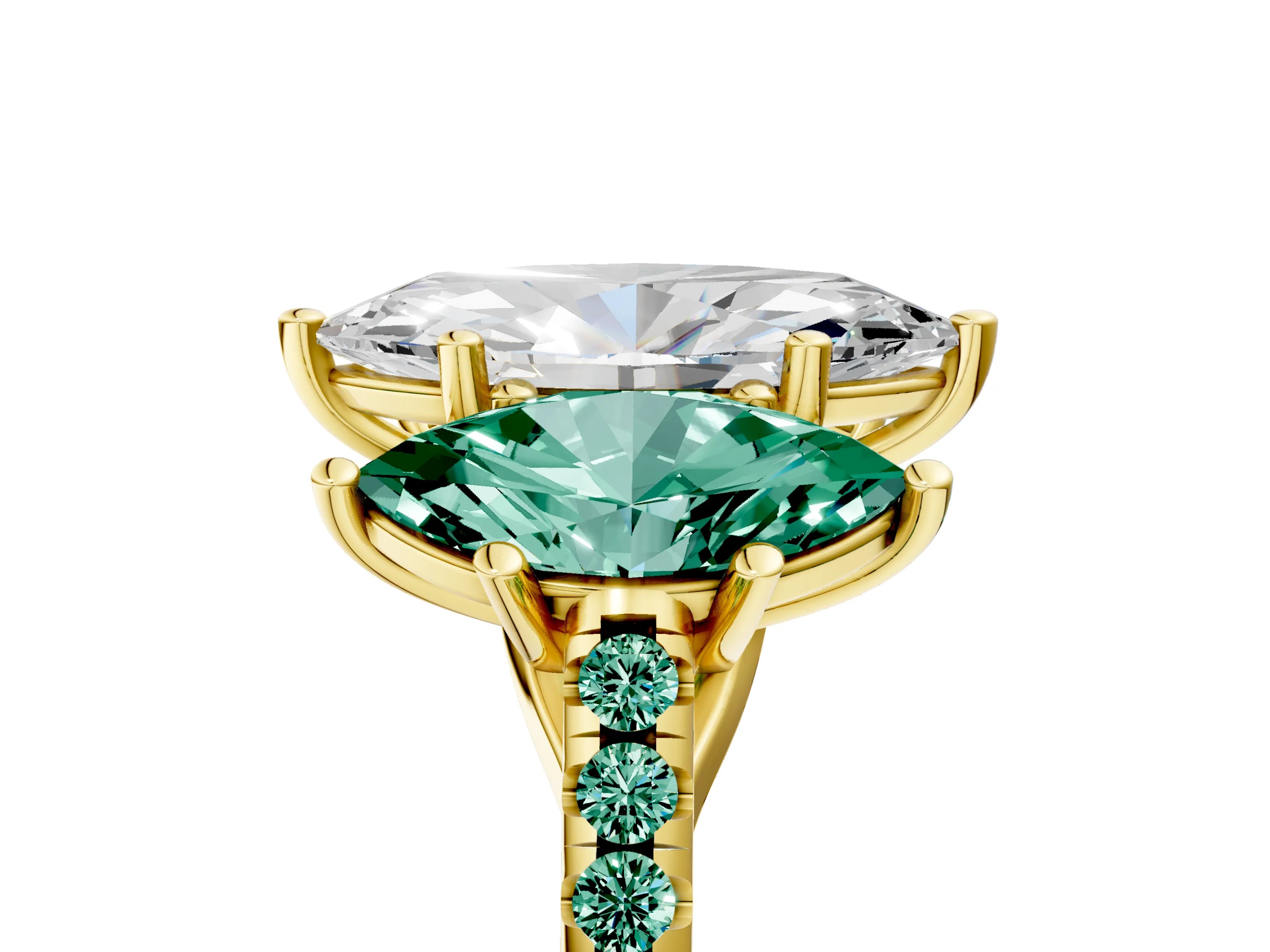 Yellow gold Three-Stone Marquise Cut Diamond Ring with Round with Green Sapphire side stone Pavé Band and Prong Setting_5