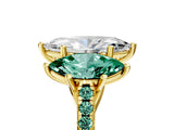 Yellow gold Three-Stone Marquise Cut Diamond Ring with Round with Green Sapphire side stone Pavé Band and Prong Setting_5