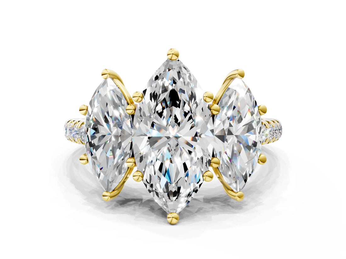 Yellow gold Three-Stone Marquise Cut Diamond Ring with Round with Moissanite side stone Pavé Band and Prong Setting
