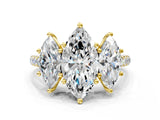 Yellow gold Three-Stone Marquise Cut Diamond Ring with Round with Moissanite side stone Pavé Band and Prong Setting