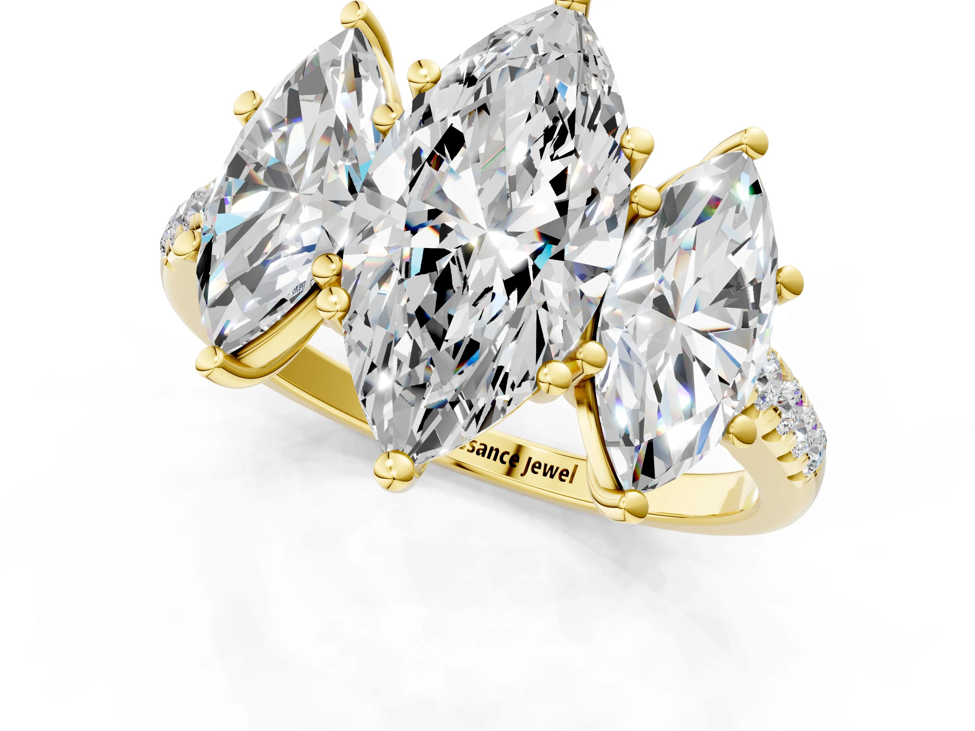 Yellow gold Three-Stone Marquise Cut Diamond Ring with Round with Moissanite side stone Pavé Band and Prong Setting_1