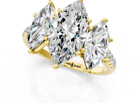 Yellow gold Three-Stone Marquise Cut Diamond Ring with Round with Moissanite side stone Pavé Band and Prong Setting_1