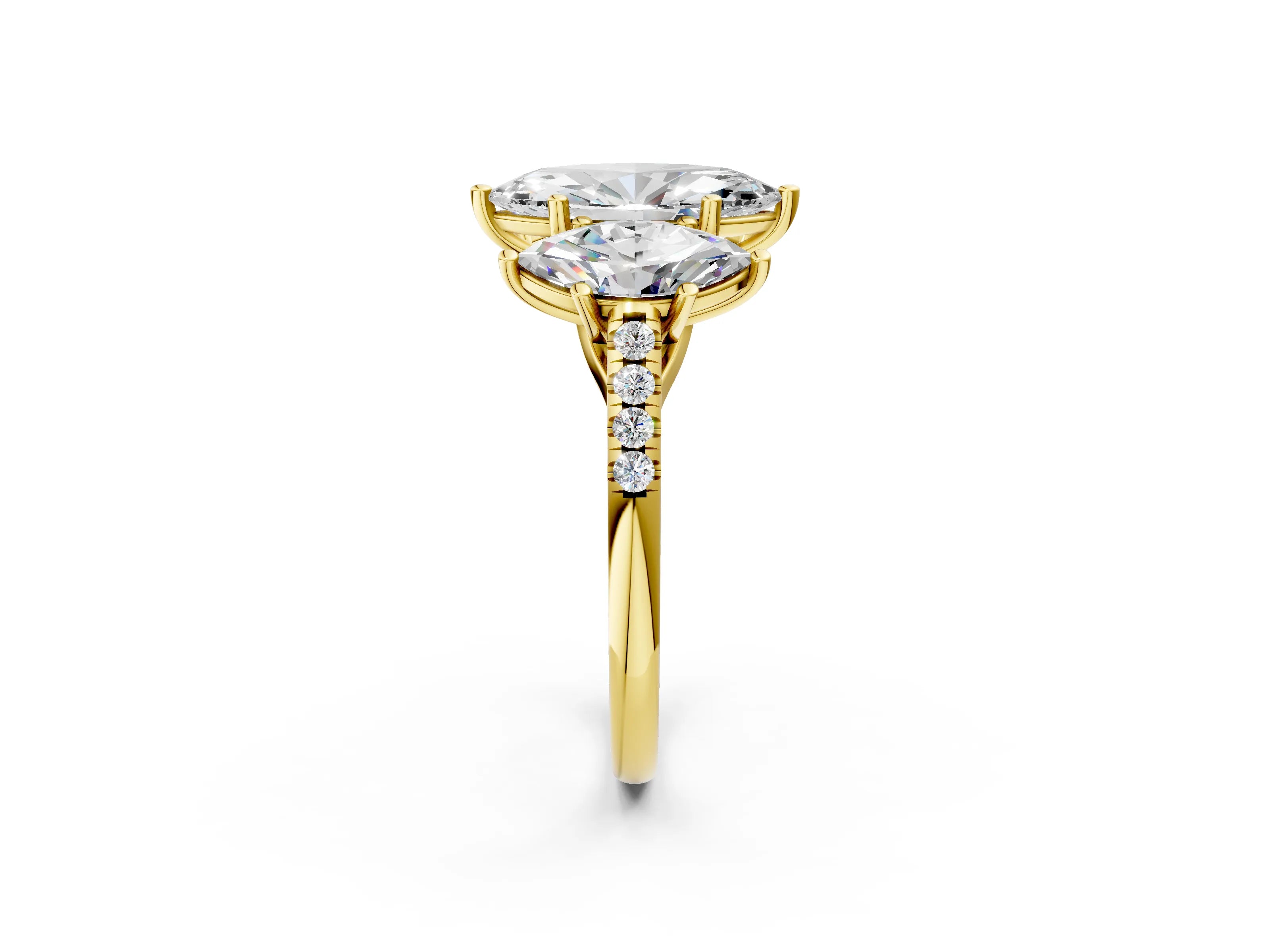 Yellow gold Three-Stone Marquise Cut Diamond Ring with Round with Moissanite side stone Pavé Band and Prong Setting_2