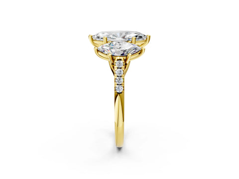 Yellow gold Three-Stone Marquise Cut Diamond Ring with Round with Moissanite side stone Pavé Band and Prong Setting_2