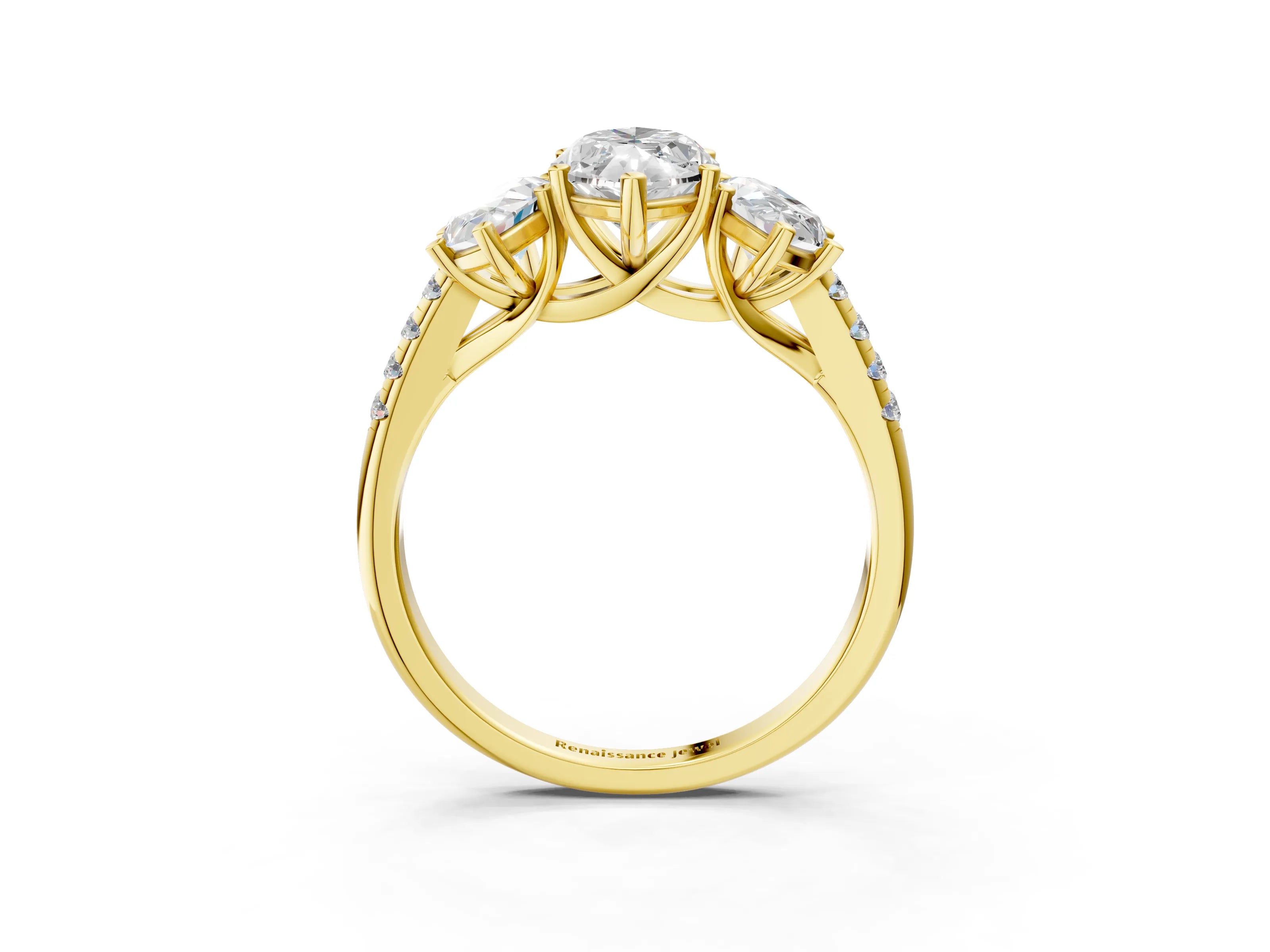 Yellow gold Three-Stone Marquise Cut Diamond Ring with Round with Moissanite side stone Pavé Band and Prong Setting_3