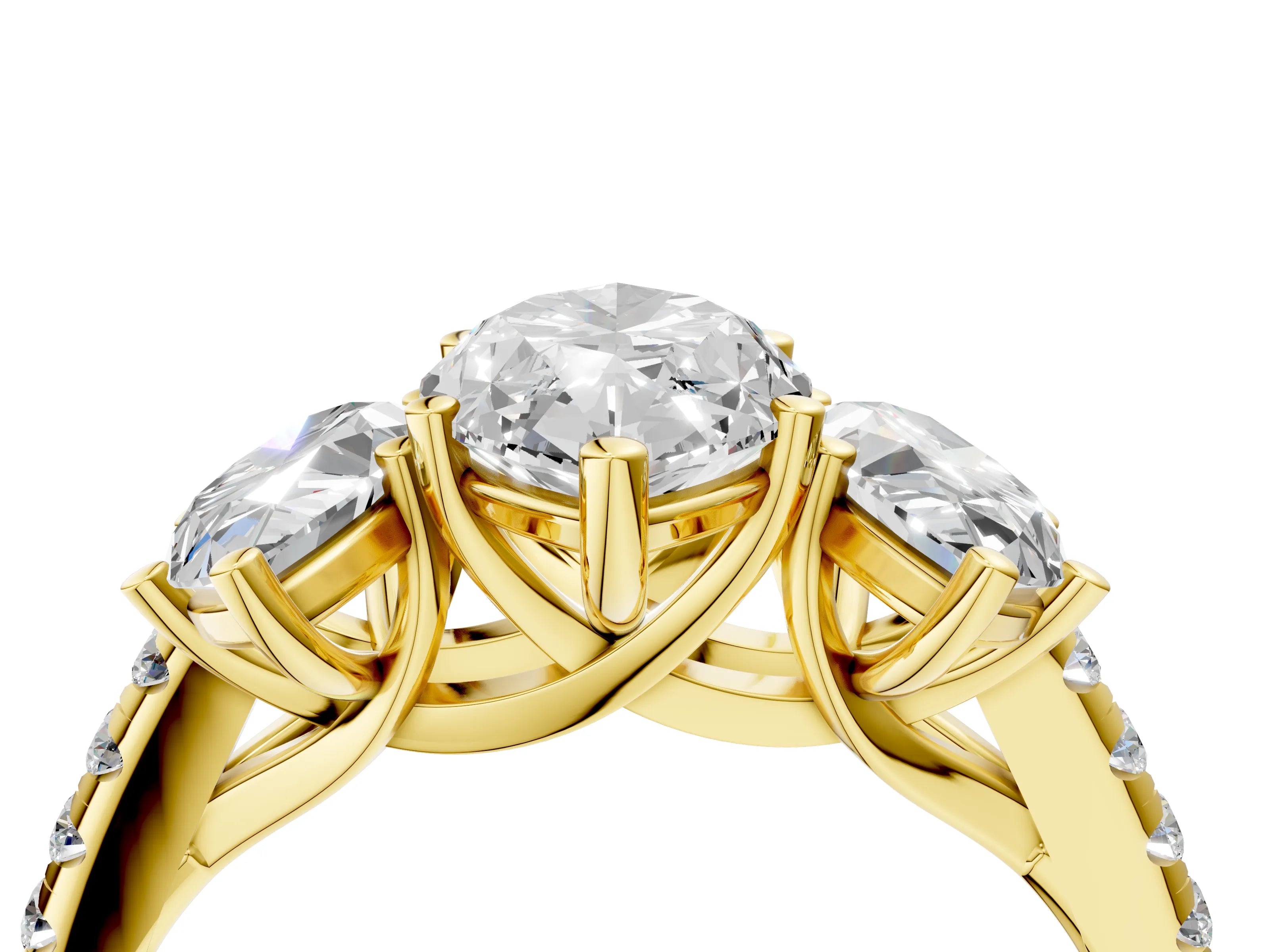 Yellow gold Three-Stone Marquise Cut Diamond Ring with Round with Moissanite side stone Pavé Band and Prong Setting_4