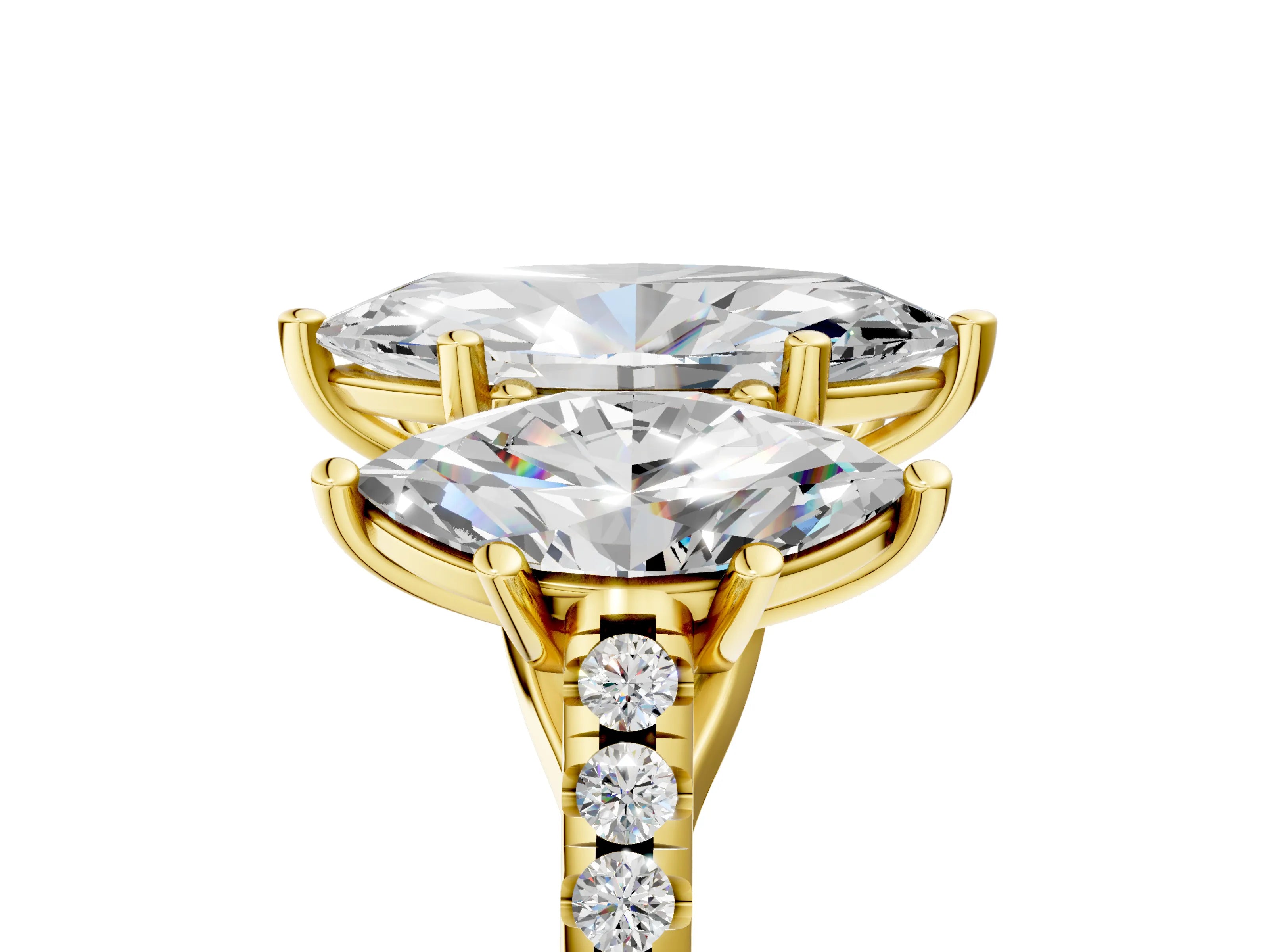 Yellow gold Three-Stone Marquise Cut Diamond Ring with Round with Moissanite side stone Pavé Band and Prong Setting_5