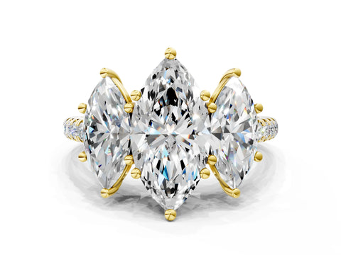 Yellow gold Three-Stone Marquise Cut Diamond Ring with Round with Moissanite side stone Pavé Band and Prong Setting