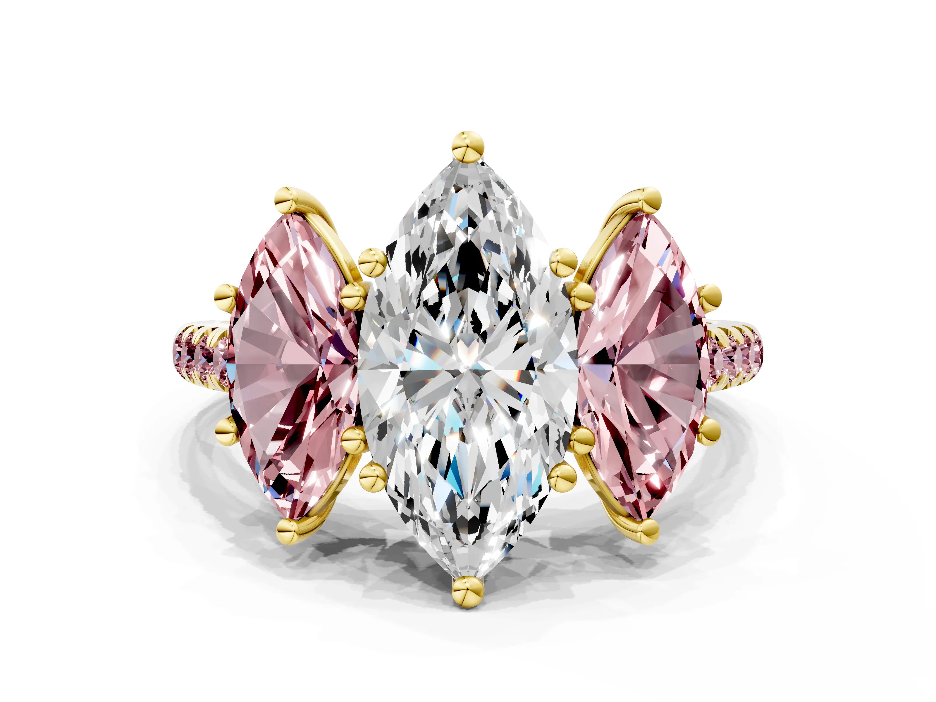 Yellow gold Three-Stone Marquise Cut Diamond Ring with Round with Morganite side stone Pavé Band and Prong Setting