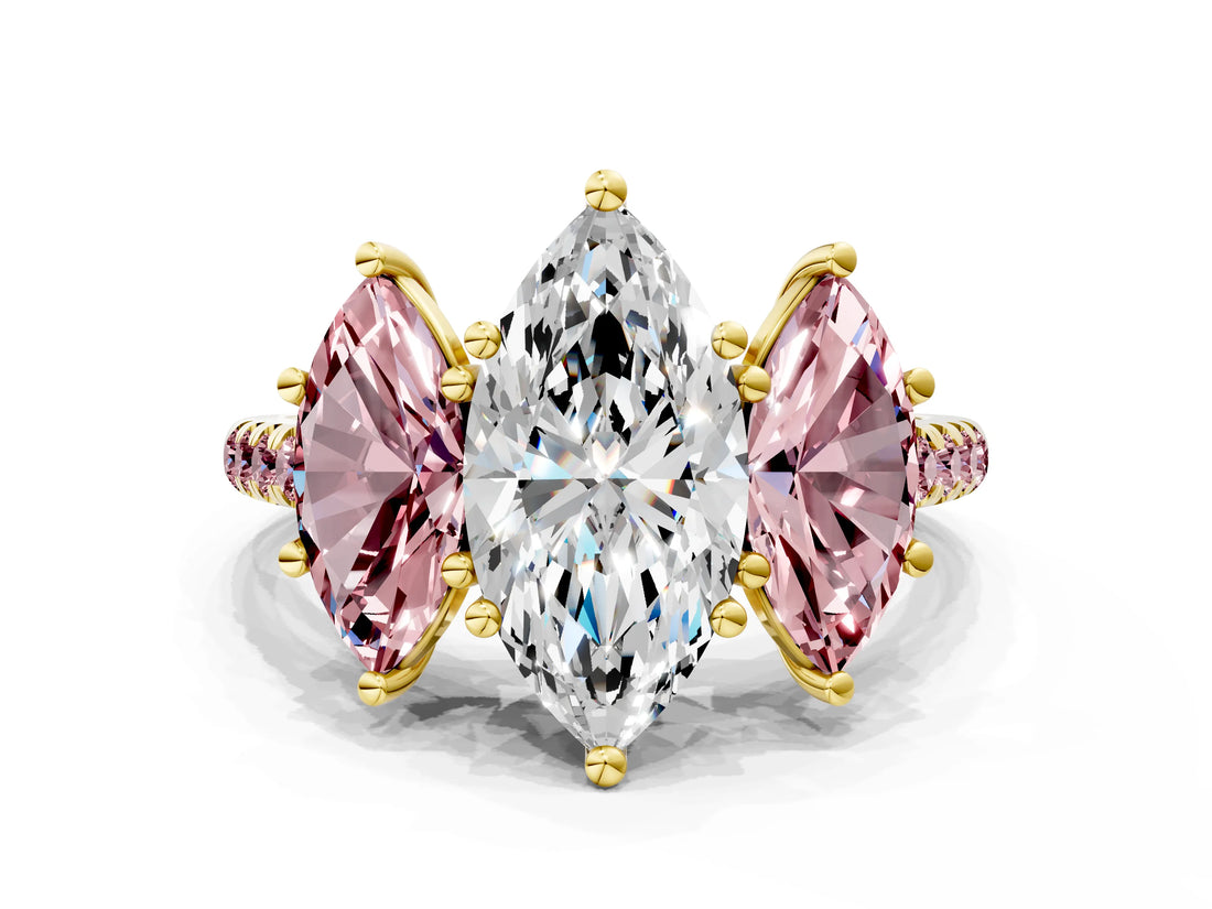 Yellow gold Three-Stone Marquise Cut Diamond Ring with Round with Morganite side stone Pavé Band and Prong Setting