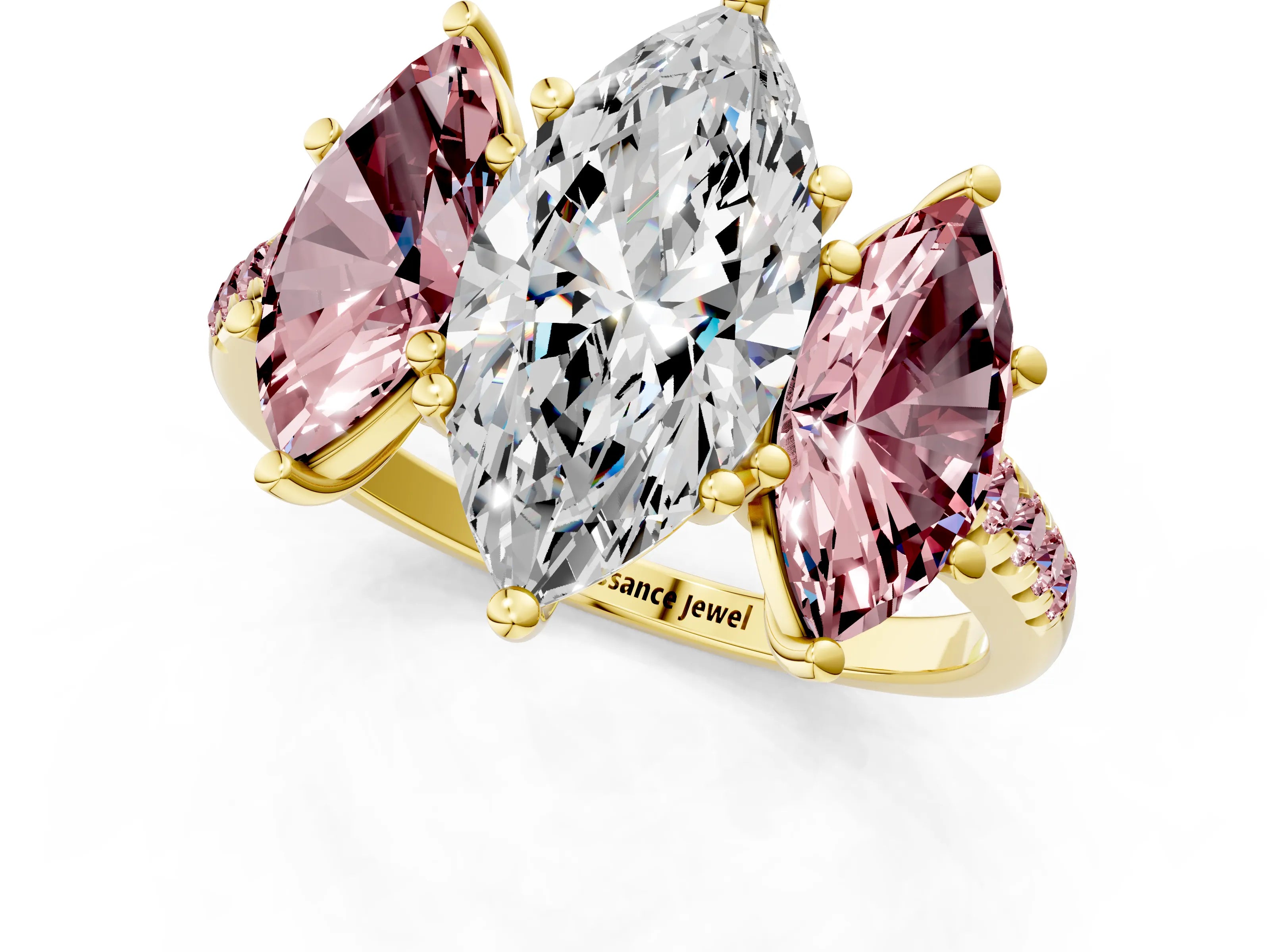 Yellow gold Three-Stone Marquise Cut Diamond Ring with Round with Morganite side stone Pavé Band and Prong Setting_1