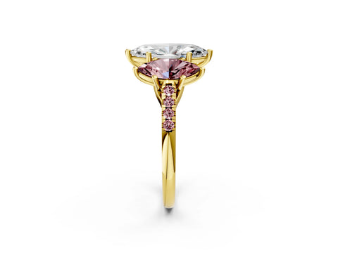 Yellow gold Three-Stone Marquise Cut Diamond Ring with Round with Morganite side stone Pavé Band and Prong Setting_2