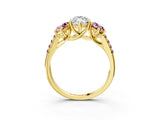 Yellow gold Three-Stone Marquise Cut Diamond Ring with Round with Morganite side stone Pavé Band and Prong Setting_3