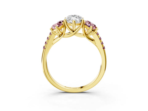 Yellow gold Three-Stone Marquise Cut Diamond Ring with Round with Morganite side stone Pavé Band and Prong Setting_3