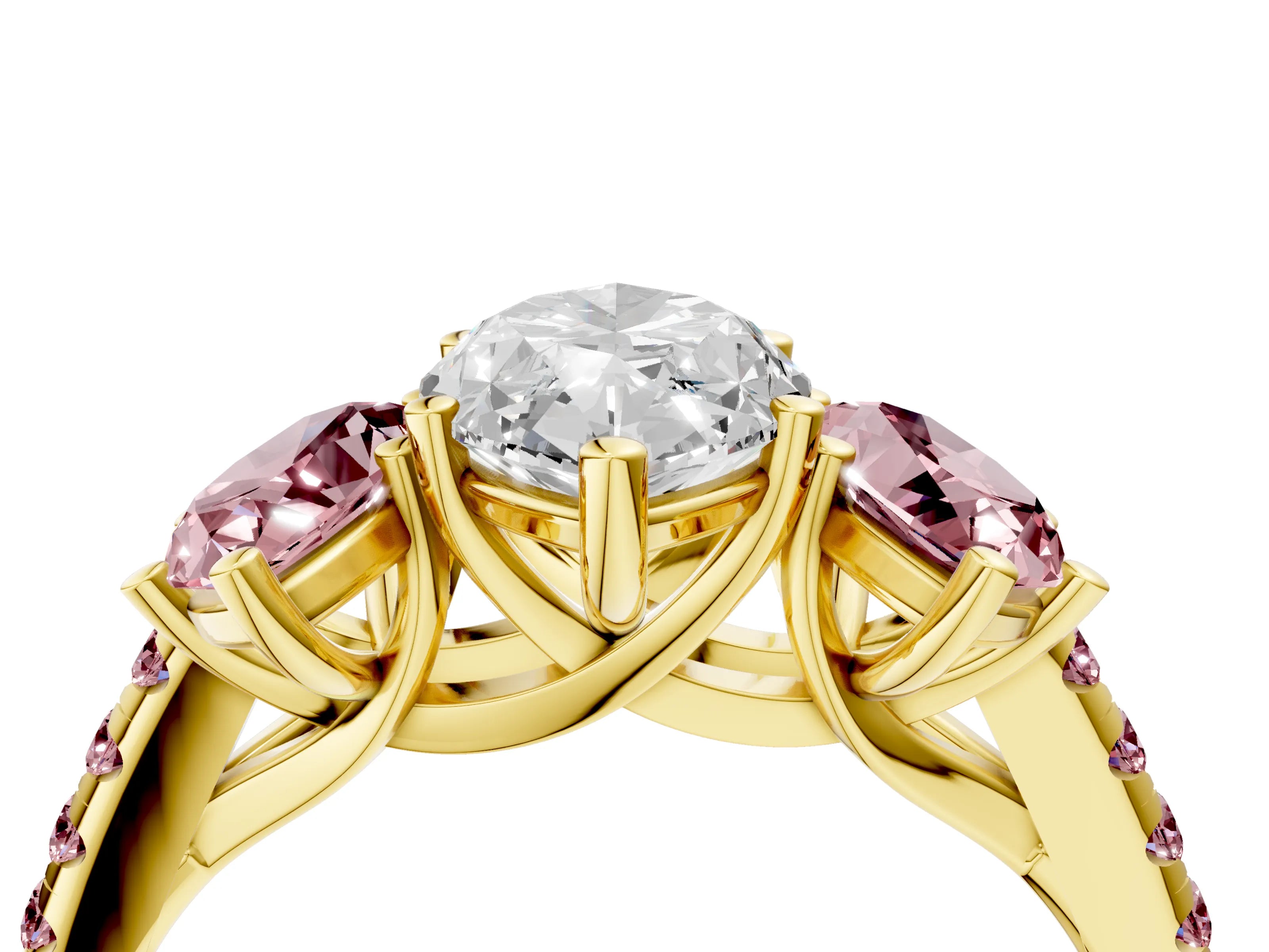 Yellow gold Three-Stone Marquise Cut Diamond Ring with Round with Morganite side stone Pavé Band and Prong Setting_4