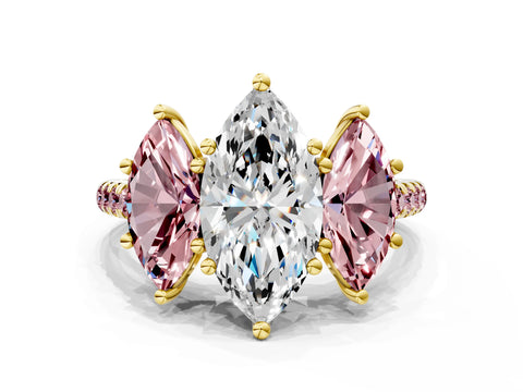 Yellow gold Three-Stone Marquise Cut Diamond Ring with Round with Morganite side stone Pavé Band and Prong Setting