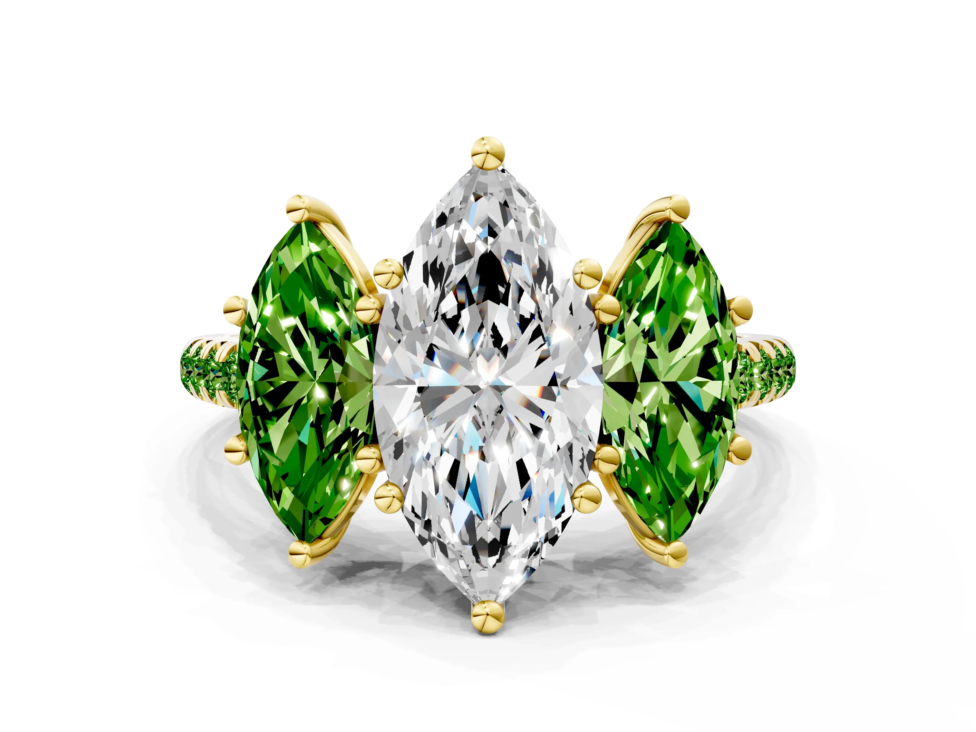 Yellow gold Three-Stone Marquise Cut Diamond Ring with Round with Peridot side stone Pavé Band and Prong Setting