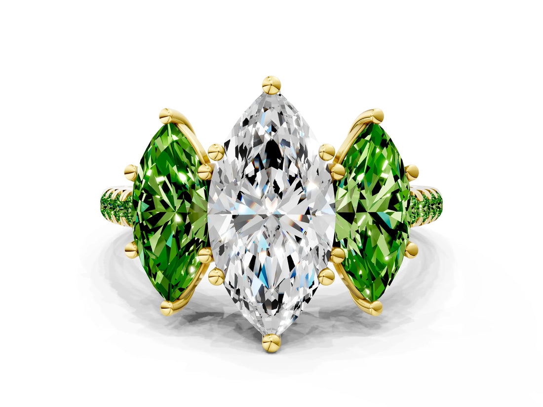 Yellow gold Three-Stone Marquise Cut Diamond Ring with Round with Peridot side stone Pavé Band and Prong Setting