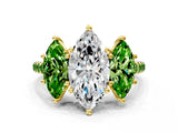 Yellow gold Three-Stone Marquise Cut Diamond Ring with Round with Peridot side stone Pavé Band and Prong Setting