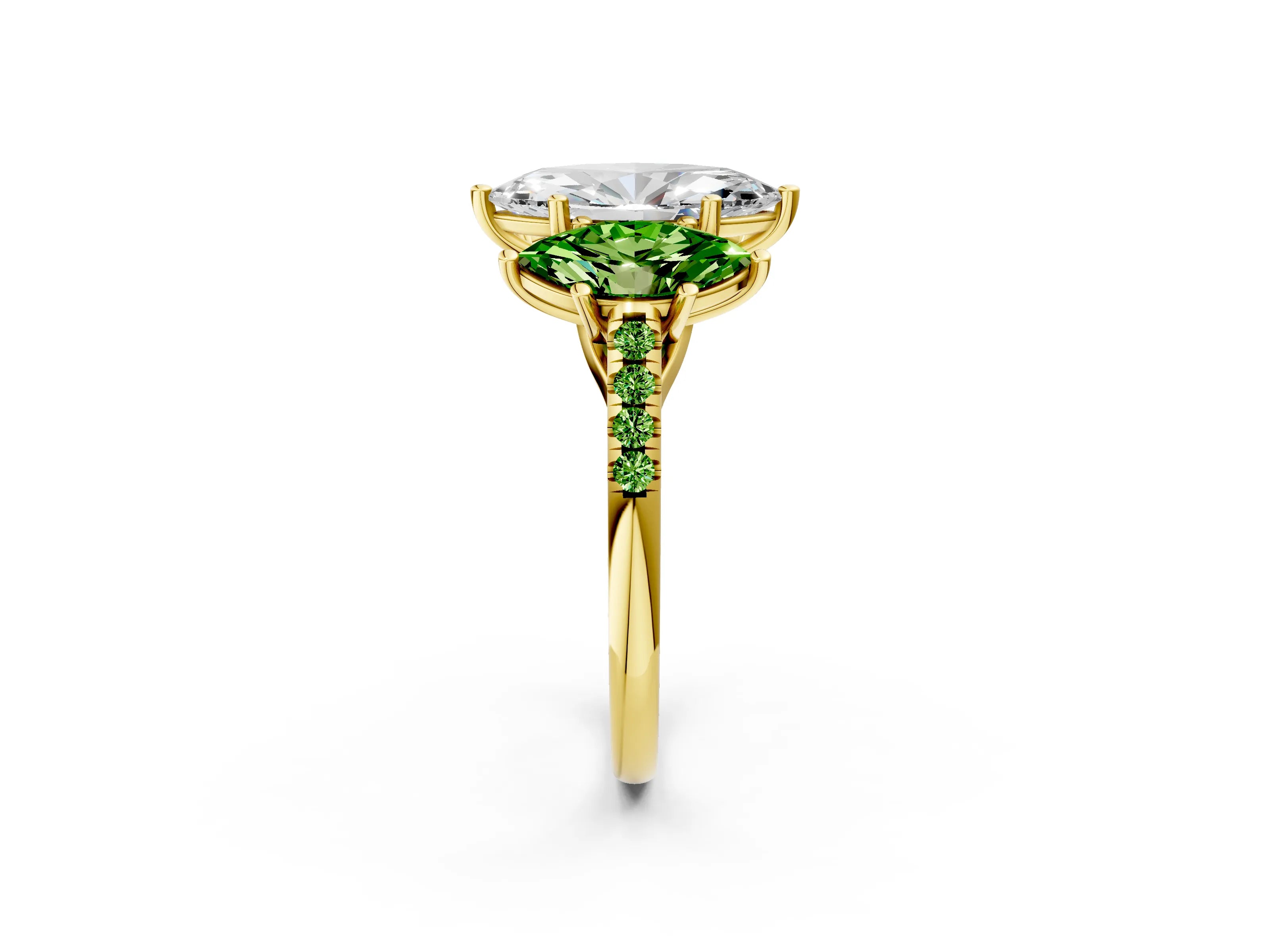Yellow gold Three-Stone Marquise Cut Diamond Ring with Round with Peridot side stone Pavé Band and Prong Setting_2