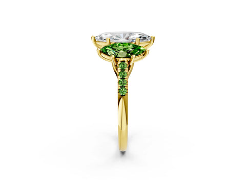 Yellow gold Three-Stone Marquise Cut Diamond Ring with Round with Peridot side stone Pavé Band and Prong Setting_2