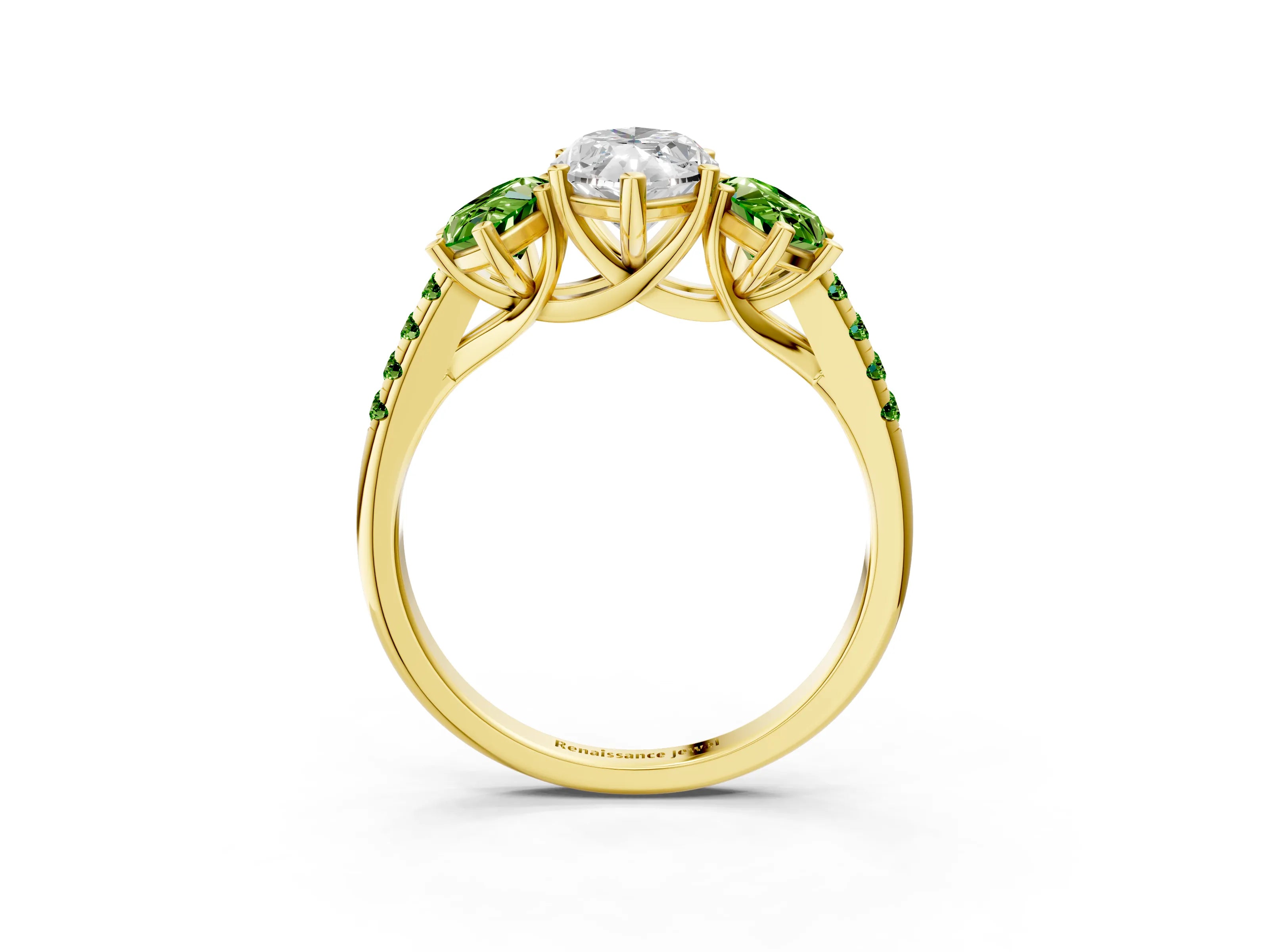 Yellow gold Three-Stone Marquise Cut Diamond Ring with Round with Peridot side stone Pavé Band and Prong Setting_3