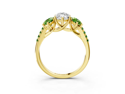 Yellow gold Three-Stone Marquise Cut Diamond Ring with Round with Peridot side stone Pavé Band and Prong Setting_3