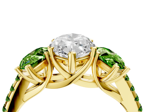Yellow gold Three-Stone Marquise Cut Diamond Ring with Round with Peridot side stone Pavé Band and Prong Setting_4
