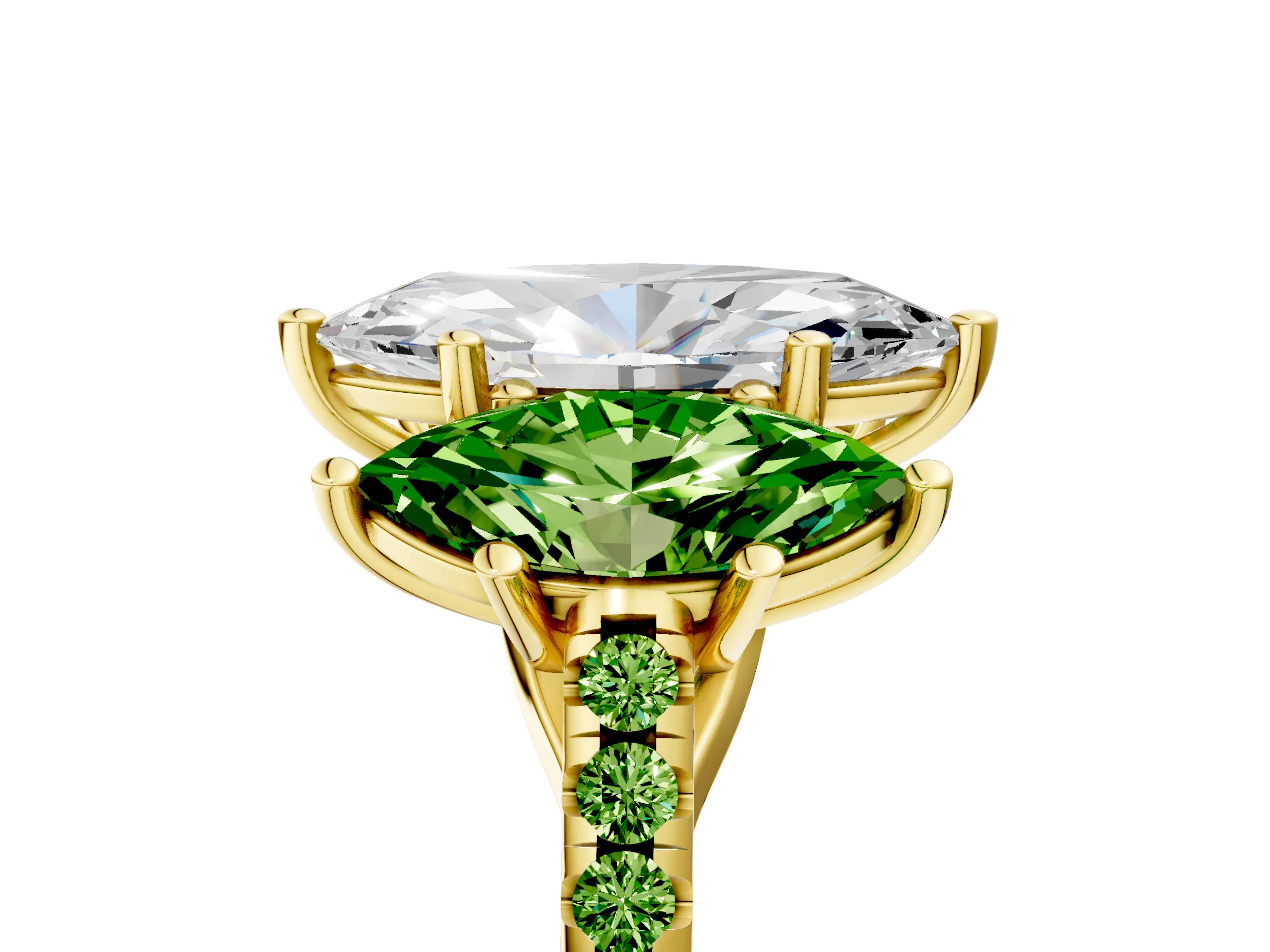 Yellow gold Three-Stone Marquise Cut Diamond Ring with Round with Peridot side stone Pavé Band and Prong Setting_5