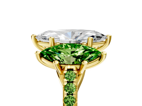 Yellow gold Three-Stone Marquise Cut Diamond Ring with Round with Peridot side stone Pavé Band and Prong Setting_5