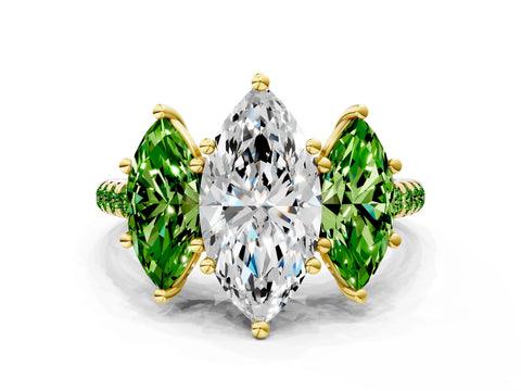 Yellow gold Three-Stone Marquise Cut Diamond Ring with Round with Peridot side stone Pavé Band and Prong Setting