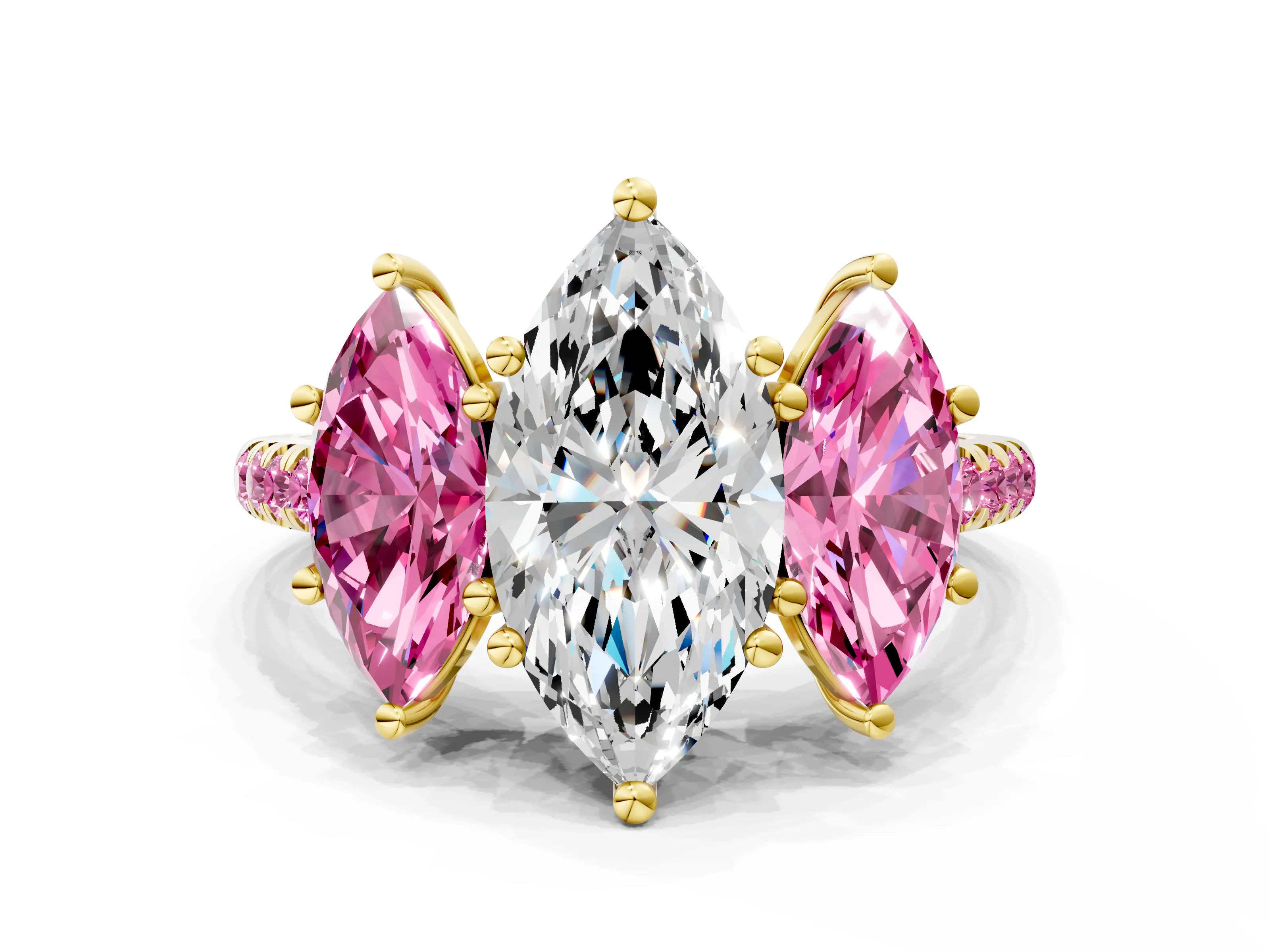 Yellow gold Three-Stone Marquise Cut Diamond Ring with Round with Pink Sapphire side stone Pavé Band and Prong Setting